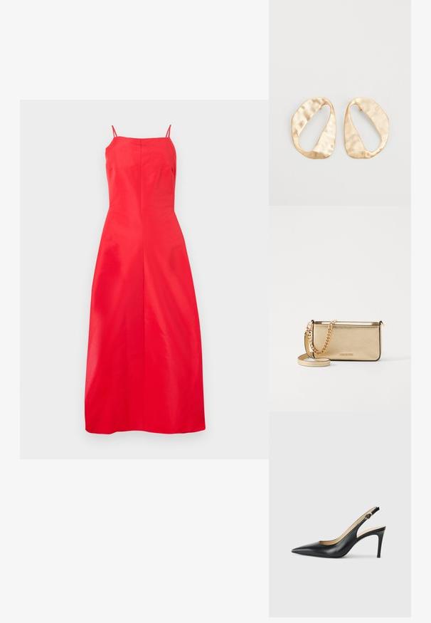 Punainen, hihaton midi-mekko suoralinjaisella leikkauksella ja ohuilla olkaimilla, asetettuna yksinkertaista valkoista taustaa vasten.; Mustat nahkaslingback-korkokengät, joissa on terävä kärki, säädettävä hihna ja tyylikäs stiletto-korko, jotka tarjoavat sileän pinnan.; Metallinen kultainen nahkalaukku tekstuurin viimeistelyllä, jossa on kultaketjuhihna ja irrotettava olkahihna. Brändilogo on kohokuvioitu.; Pari epämuodostuneita soikeita kultasävyisiä metallikorvakoruja, joissa on teksturoitu, hieman hakattu pinta valkoista taustaa vasten.