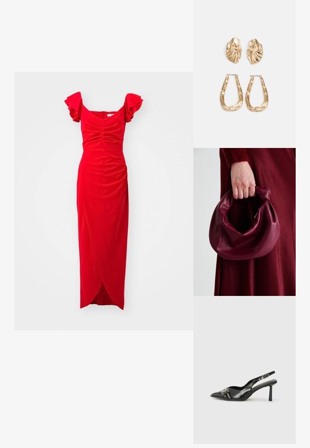Rochie roșie cu mâneci scurte volan, bust ajustat, textură gathered și fustă în stil înfășurat. Confecționată dintr-un material moale cu o finisare netedă.; Pantofii slingback din piele lăcuită neagră, cu vârf ascuțit, bretele pentru gleznă cu catarame și accesorii din argint, și un toc subțire.; Geantă de mână din piele burgundă, cu un design moale și pliat și o formă rotundă. Mânerele sunt securizate, evidențiind o textură netedă.; Cercei aurii cu forme texturate și ondulate. Include studs sculpturale cu clip și un design de cerc deschis cu un finisaj cioplit.