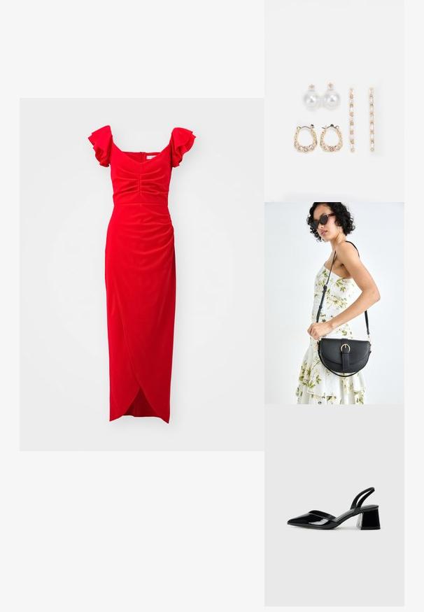 Rdeča obleka z nabranimi kratkimi rokavi, prilegajočim zgornjim delom, nabranim teksturama in krilom v stilu zavijanja. Narejena iz mehke tkanine z gladkim koncem.; Črne lakirane slingback pete s koničastim nosom in geometrijsko blokasto peto. Imajo eleganten, minimalističen dizajn in gladko teksturo.; Črna usnjena torbica s ukrivljeno obliko, z odstranljivo naramnico in zlatimi dodatki. Torbica ima pokrov s podrobnostmi v obliki zaponke.; Tri para uhani: veliki beli biserni uhani, zlate obroče s prozornimi dragulji in dva dolga, ravna zlate uhan s svetlečimi podrobnostmi.