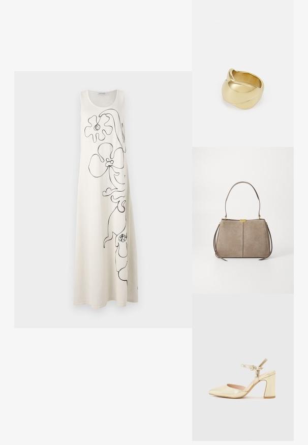 Marimekko HELMI BALUNS - Pulóverruha - white/dark grey; Arany fémes magas sarkú cipő hegyes orral, bokapánttal, amelyen köralakú csat található, és tömzsi sarokkal rendelkezik. Simás textúra.; Tommy Hilfiger CASUAL SHOULDER BAG - Kézitáska - coastal taupe; Aranyszínű gyűrű sima, csavarodott mintával. Polírozott felülettel és lekerekített élekkel rendelkezik, ami zökkenőmentes, folyékony formát kölcsönöz neki.