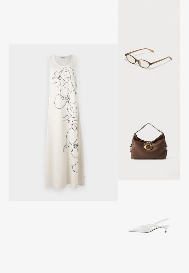 Marimekko HELMI biały; Biała szpilka na odkrytej pięcie z ostrym noskiem, charakteryzująca się gładką cholewką, subtelnymi wycięciami i niskim obcasem w kształcie bloku. Czarna podeszwa podkreśla design.; Brązowe okulary w motyle z owalnymi soczewkami, cienkimi ramionami i przezroczystymi akcentami. Posiadają subtelne logo na zauszniku. Smukły, lekki design.; Brązowa skórzana torebka o teksturowanym wykończeniu, z zapięciem w kolorze złota i pojedynczym, zakrzywionym paskiem na ramię.