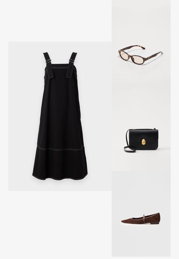 Svart klänning med breda axelremmar, silverfärgade detaljer och vit sömnad. A-linjeformad silhuett med en fåll som fläker ut något.; Brun mocka platt sko med spetsig tå, med en tunn rem och guldfärgad detalj. Skomodellen har en låg klack och grå kant.; Sköldpaddsmönstrade solglasögon med rund form och ljusa linser. Har robusta bågar med små gulddetaljer, tillverkade av plastmaterial.; Svart läderhandväska med en strukturerad rektangulär form. Har ett gyllene ovalt lås och ett tunt axelband. Slät textur.