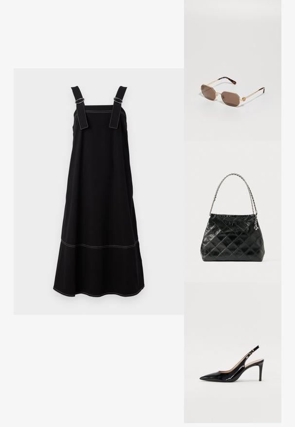Schwarzes Kleid mit breiten Trägern, silberfarbenen Beschlägen und weißen Nähten. A-Linien-Silhouette mit einem Saum, der leicht ausgestellt ist.; Schwarz lackierte Slingback-Pumps mit spitzem Zehenbereich, schlankem Absatz und einem subtilen Ausschnittdesign. Verfügt über eine goldene Schnalle am Riemen.; Tory Burch Sonnenbrille - shiny gold-coloured; Schwarze gesteppte Lederhandtasche mit einem silbernen Kettenhenkel, die ein strukturiertes Design und eine glatte Textur aufweist.