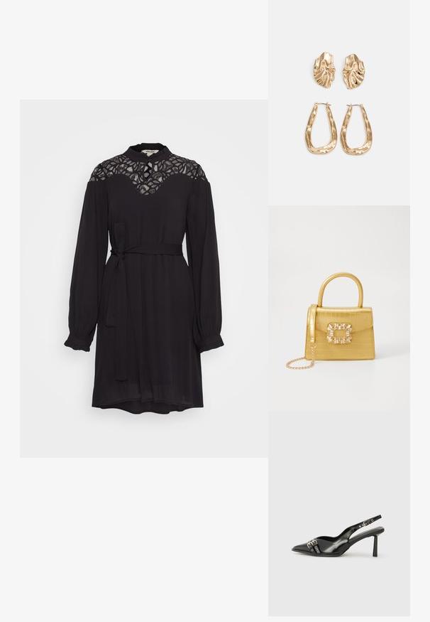 Robe noire avec un corsage en dentelle, manches longues avec poignets froncés, ceinture à la taille, et une jupe légèrement évasée. Texture lisse dans l'ensemble.; Chaussure slingback en cuir verni noir avec un embout pointu, des brides de cheville avec des boucles en argent et des éléments en métal, et un talon fin.; Sac à main en faux crocodile jaune avec un design structuré, une poignée supérieure, une bandoulière en chaîne amovible, et un ornement cristallin décoratif sur le fermoir.; Boucles d'oreilles dorées présentant des formes texturées et ondulées. Comprend des clips sculpturaux et un design de créoles ouvertes avec une finition martelée.