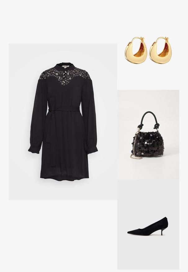 Juodas suknelė su nėriniuotu bodžiu, ilgomis rankovėmis su susukamais manžetais, liemens juostele ir šiek tiek platėjančia sijona. Bendras paviršius lygus.; Juodas zomšinis aukštakulnis batus su smailiu kojų pirštu ir plonu, žemu kulnu. Lygi tekstūra su elegantišku dizainu, be matomų metalinių detalių.; Juodas blizgučių mini rankinukas su mazguotu tekstūruotu dirželiu ir sidabro grandine. Suapvalinta forma su susiraukšlėtopu ir atspindinčiomis detalėmis.; Auksinės spalvos žiedo auskarai su lygia, lenkta forma. Viduje yra blizgus paviršius, parodantis lygią tekstūrą. Matomos sidabrinės žymės.