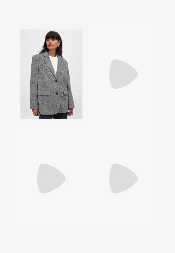 Herringbone-patterned blazer in black and white, featuring a notched collar, two buttons, and front flap pockets. Made from textured fabric.; ONLY ONLVENICE ROLLNECK - Jumper - light grey melange; Black denim jeans with a straight leg, featuring a button fly, copper hardware accents, and subtle texture. Classic five-pocket design.; Black leather loafers with a raised seam, gold accent logo, and textured strap. Features a thick, durable rubber sole.; Black rectangular glasses with clear lenses. Glossy finish, narrow arms, and purple tint visible at the edges of the lenses.; Gold-tone earrings featuring a spiral design with layered curves, showcasing a metallic finish and smooth texture for visual depth.