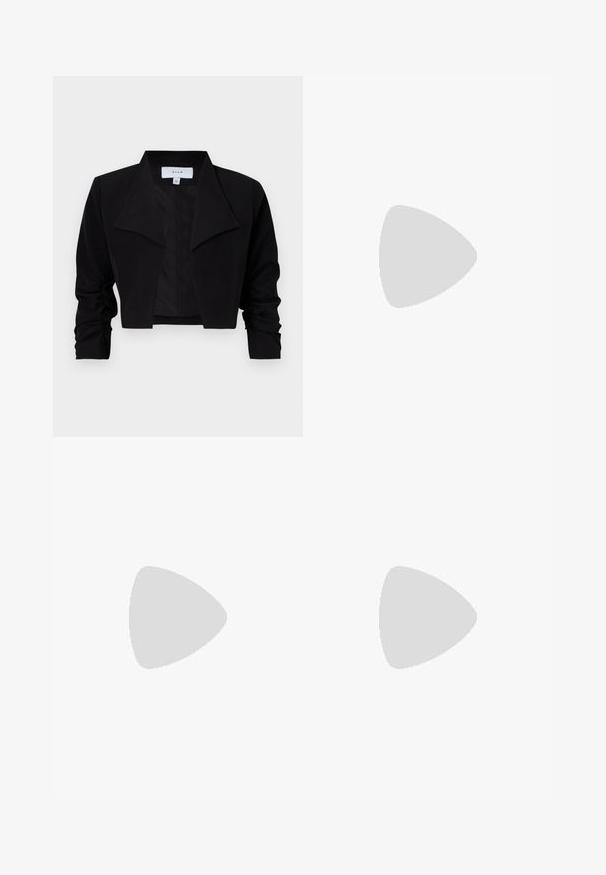 Black cropped jacket made of smooth fabric, featuring a wide collar, front opening, and gathered sleeves for a structured fit.; Bershka SHORT SLEEVES WITH A ROUND NECK - Basic T-shirt - black; Filippa K DARCEY TROUSERS - Trousers - dark choco; Pavement INA - Platform boots - black