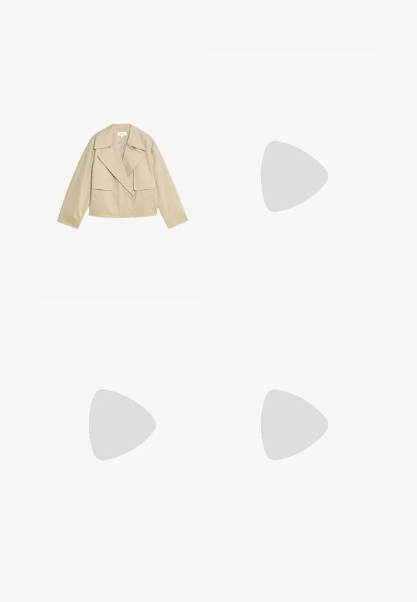 Beige cropped jacket with large lapel, flat pockets, and long sleeves. Made from a smooth, textured fabric with a minimalist design.; Short-sleeve, crew neck t-shirt in white cotton with thin red and blue stripes, featuring a straight hem and a small logo tag at the side.; Black wide-leg jeans made of denim, featuring a high waist, five pockets, and visible stitching along seams and hems.; Black suede sneaker with a textured surface, featuring laces, side stripes, and a logo on the heel, set against a plain white background.