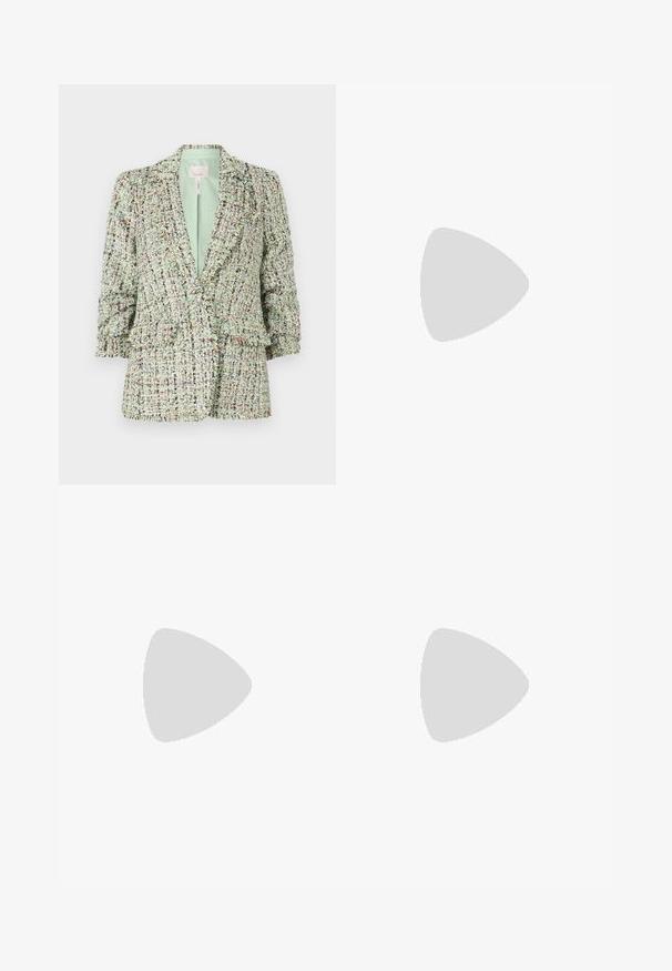Textured green blazer made of woven fabric with multicolored flecks. Features a two-button closure and slightly puffed sleeves.; One-shoulder black ribbed tank top with a fitted design and soft texture. Features a clean, minimal cut and smooth neckline.; Short tweed skirt in light green, featuring a textured fabric with multicolored flecks, two front pockets, and silver button accents.; Black leather ballet flat with a rounded toe, smooth texture, minimal stitching detail, and a flexible sole design.