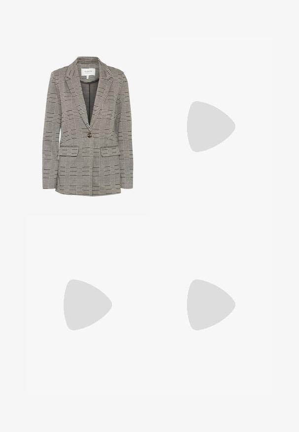 Siv plaid blazer iz tkanine. Ima zarezne reverje, enojno gumbasto zapiranje, dve sprednji žepu in strukturirano silhueto.; Tri dolga rokava zložena: črna, siva in bela. Vsaka ima okroglo izreznico in skrajšan dizajn z gladkim, lahkotnim materialom.; Bela trenirka ima pas z vrvico, stranske cargo žepe in prilagojene manžete, izdelana je iz mehkega materiala z gladko teksturo.; Sive športne čevlje iz semiša z belimi vezalkami, črnimi črtami in belim gumijastim podplatom. Imajo okroglo oznako na ježku in podplat iz gume.