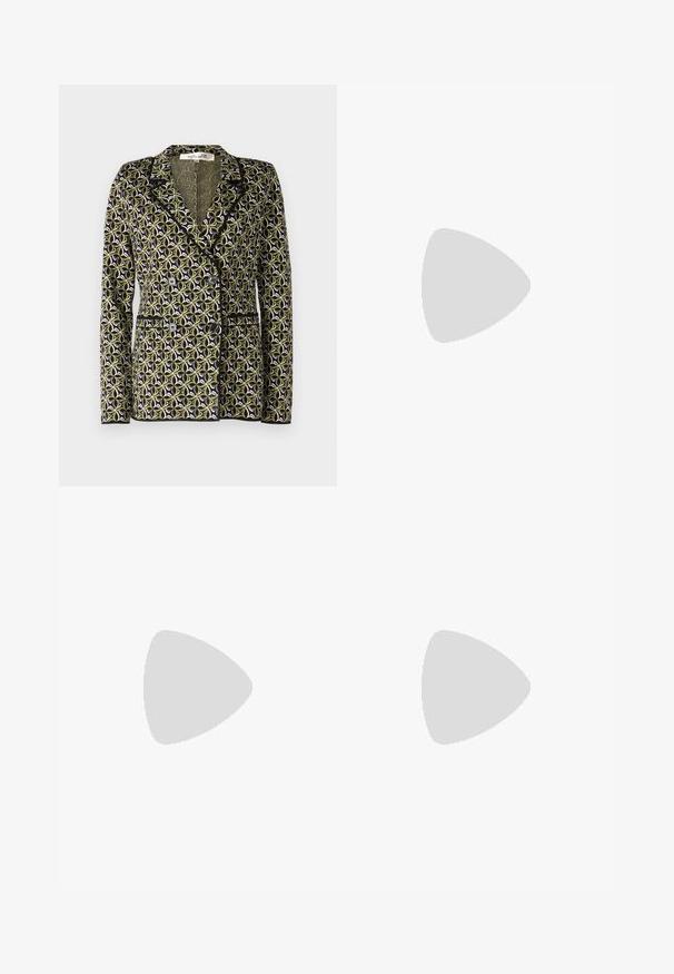 Diane von Furstenberg DION JACKET - Blazer - green; Black sleeveless top with cream diagonal stripes. Features side ruching and a high neckline. Lightweight fabric with a smooth texture.; Wide-leg black trousers with a textured surface, featuring a flat waistband and two side pockets. The fabric appears lightweight and flowing.; Beige high-heeled sandal with ankle strap and gold buckle, open toe, and block heel on a white background.