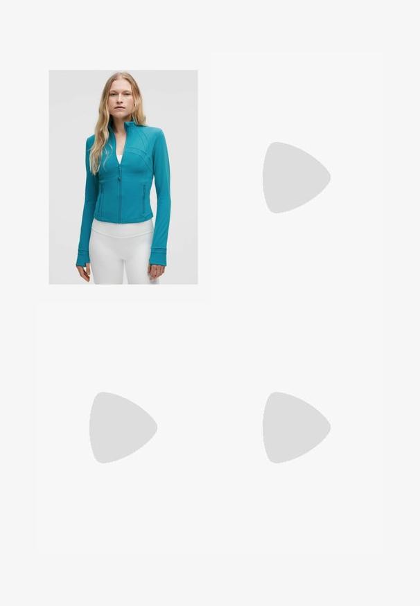 Teal zip-up athletic jacket with a fitted design, flat seams, and thumbholes. The material appears smooth and stretchy, suitable for activewear.; White fitted zip-up jacket made of soft, stretchy material. Features a side pocket with a zip closure and long sleeves.; Black sleeveless tank top made of smooth fabric, featuring a round neck and small logo on the left chest. Simple, modern design.; Beige high-waisted shorts with a smooth, stretchy fabric. Features a fitted design and mid-thigh length, paired with white sneakers and black socks.; Light beige sneaker with suede and mesh material, featuring white accents, laces, and a black rubber sole. New Balance logo on the side.; Tortoiseshell sunglasses with oval lenses, brown tint, and thin patterned sides. Lightweight plastic material with subtle gold accents.; Silver-tone hoop earrings with a row of clear stones and a round crystal pendant hanging from each. Polished metal, sleek design.