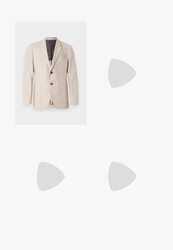 Beežist linast jakk, millel on kaks eesmist taskut, kaks nööpi, sälkidega krae ja mustriline tumehall vooder. Puhtad jooned ja tekstuuriga kangas.; Hele sinine lühikeste varrukatega särk, vertikaalsete valgete triipudega, nööbid ees ja rinnaesine tasku. Valmistatud sujuvast ja kergest kangast.; Tumed sinised püksid lõdva lõikega, elastne vöökoht ja paelaga sulgemine. Omab kahte esist plisseed ja sirgeid jalgu ilma taskuteta.; Sinine sametist tennis, ümarate varvastega, valgete paeltega ja kummist tallaga. Omab peeneid tikandeid ja bränditud aktsenti külgedel.