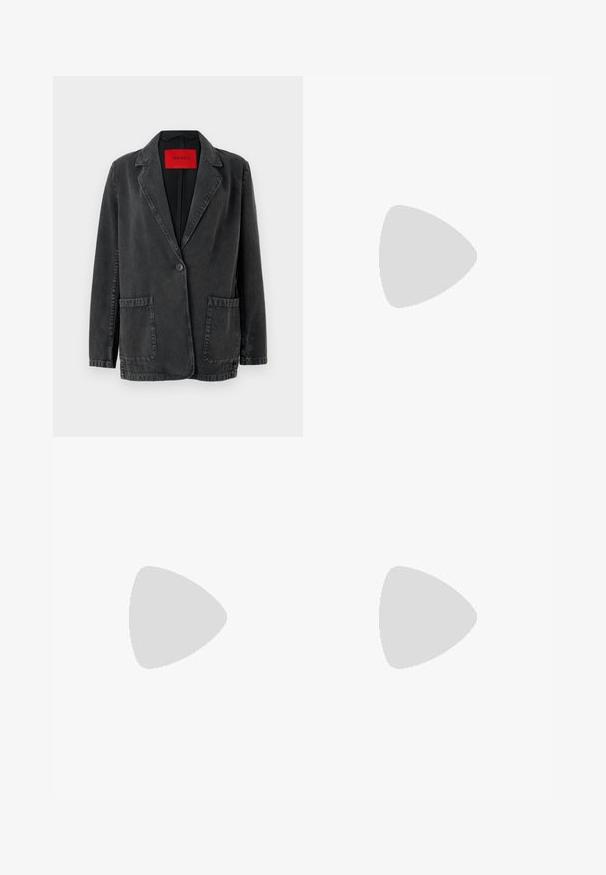 Black denim blazer with a notched lapel, single button closure, two front pockets, and a red branded label inside. Textured fabric.; Gray cotton tank top with a rounded neckline and wide shoulder straps. Seamless design with a straight cut at the waist.; Black pinstriped trousers with a tailored fit, featuring a cuffed hem and front pleats. Made of smooth fabric with a structured design.; Black leather ankle boot with a pointed toe and 4 cm block heel. Sleek design features a side zipper for easy wear. Smooth texture.