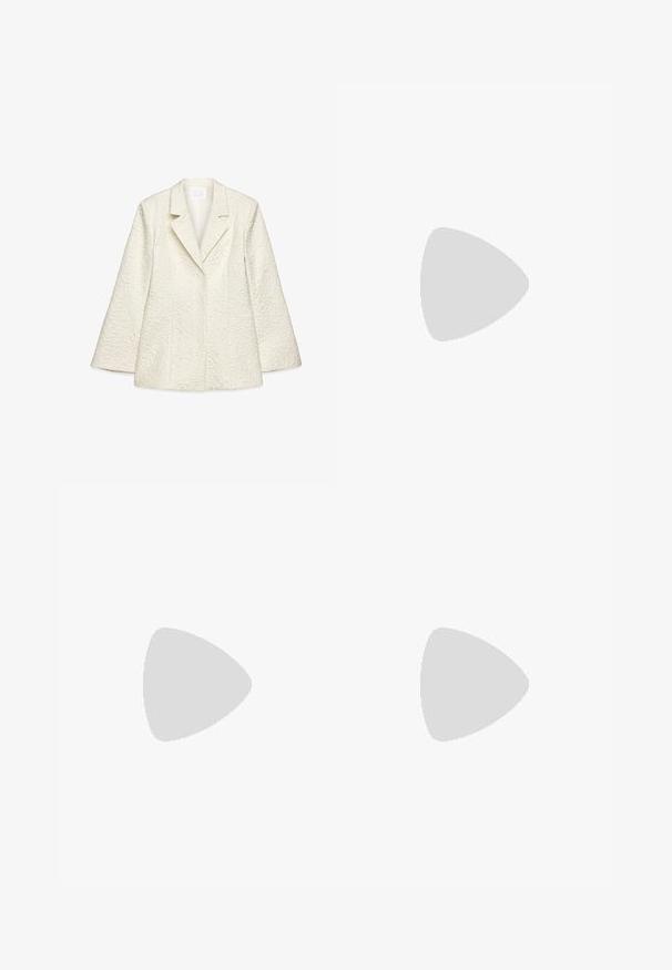 White textured blazer with a notched lapel, long sleeves, and floral pattern. Features a structured fit and smooth lining.; White long-sleeve top made from soft fabric, featuring a rounded neckline, simple design, and no visible patterns or accents.; White skirt with a textured floral pattern, featuring a straight cut and smooth fabric. No visible hardware or accents.; Brown, fleece-lined ballet flat with a rounded toe. Soft texture and seamless design, featuring a low-profile silhouette. No visible hardware.; White leather handbag with woven texture, long shoulder strap, zip closure, and a decorative logo. Features tassel accents on ends.