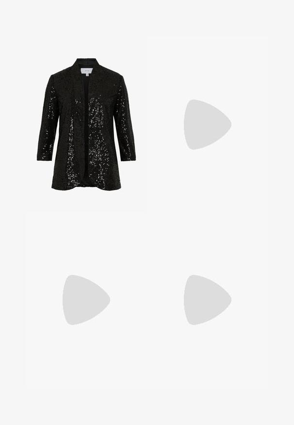 Black sequined jacket with a shawl collar, open front, and long sleeves. Features a textured fabric and a smooth lining.; White ribbed tank top featuring a round neckline, sleeveless design, and a cropped length. Label reads "JJXX." Smooth fabric texture.; Black, wide-leg pants with an elastic waistband, made from smooth fabric. Features a clean design with no pockets or visible stitching details.; Black and gray suede sneaker with a large cream-colored "N" logo, purple laces, and a textured gum rubber outsole.