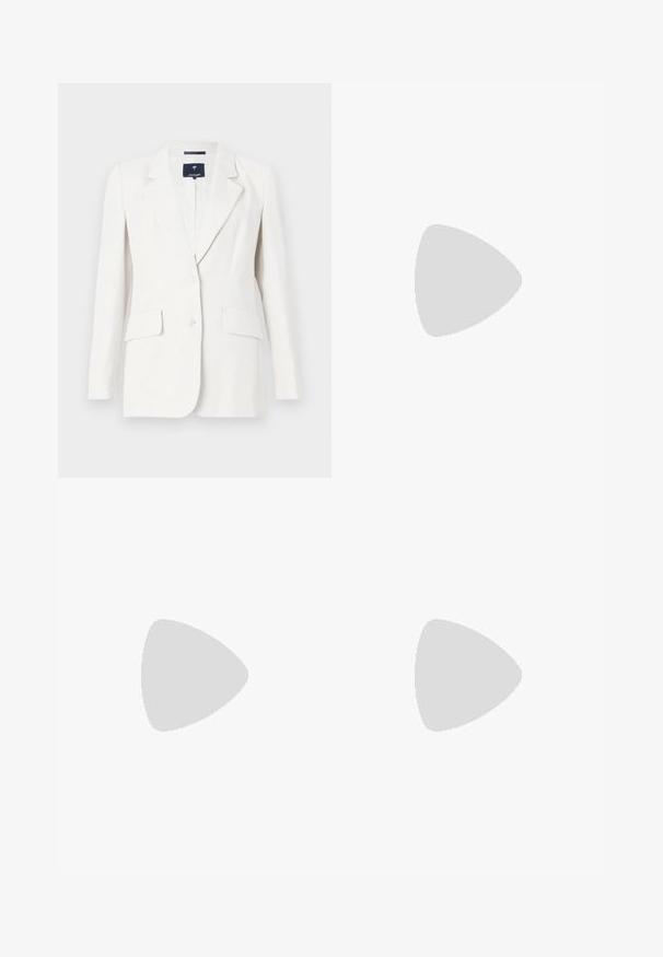 White blazer with a single button, notched lapels, two front pockets, and long sleeves. Smooth texture and tailored fit.; White cotton T-shirt with a round neckline and short sleeves. Features a silver circular logo design at the center with intricate detailing.; Beige tailored shorts in a pleated design, featuring a button closure and a metal accent. Made of lightweight fabric with a smooth texture.; Black leather high-heeled pump with a pointed toe and smooth texture, featuring a slender heel and minimalistic design.