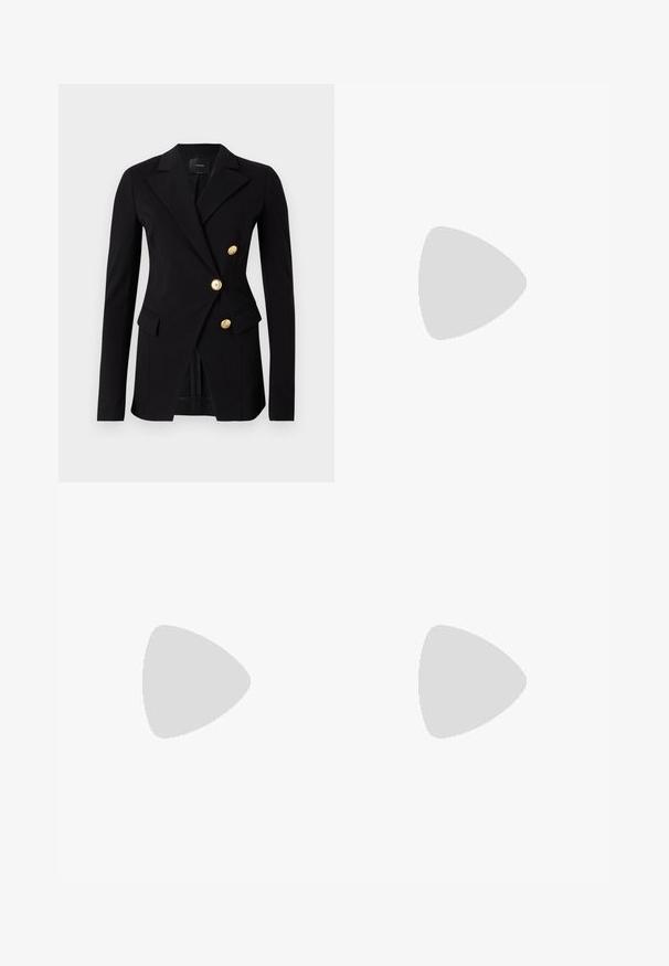 Black blazer made of smooth fabric with a tailored fit, featuring a double-breasted design and gold-tone buttons. Includes side pockets.; Silk shirt featuring a black base with blue and cream geometric patterns, button closure, and long sleeves with cuff detailing.; Black, tailored trousers with a straight leg design. Features a button closure, belt loops, and a smooth, matte texture.; Black leather high-heeled pump with a pointed toe and smooth texture, featuring a slender heel and minimalistic design.