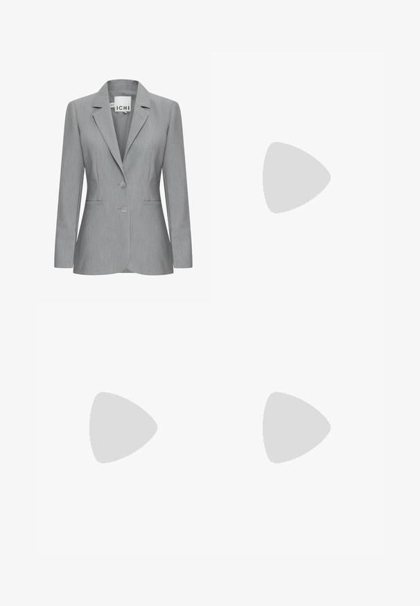 Light gray blazer with a notched lapel, two buttons, and side pockets. Made of textured fabric with a tailored fit. Brand label visible.; Two fitted tank tops in black and white. Made of ribbed cotton, they feature wide straps and rounded necklines. Branding on the collar.; High-waisted, flared leggings in a light grey fabric. Features smooth texture and a stretchy, form-fitting design. No visible hardware.; Light grey suede sneaker with white leather accents, three white stripes, and a brown rubber sole, featuring a padded collar for comfort.