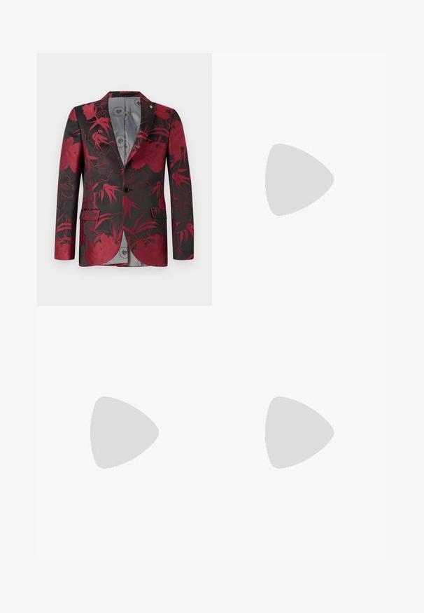 Red floral patterned blazer with a black background, featuring two front pockets, a single button closure, and a smooth gray interior lining.; Set of five t-shirts in black, white, and navy blue. Cotton fabric, short sleeves, crew neck design, and plain texture with no patterns.; Green patterned trousers featuring a snake print design with shades of brown and orange, straight cut, and a smooth texture.; Black leather loafers with a smooth finish, rounded toe, and a small decorative flap. Features a low stacked heel and subtle branding detail.