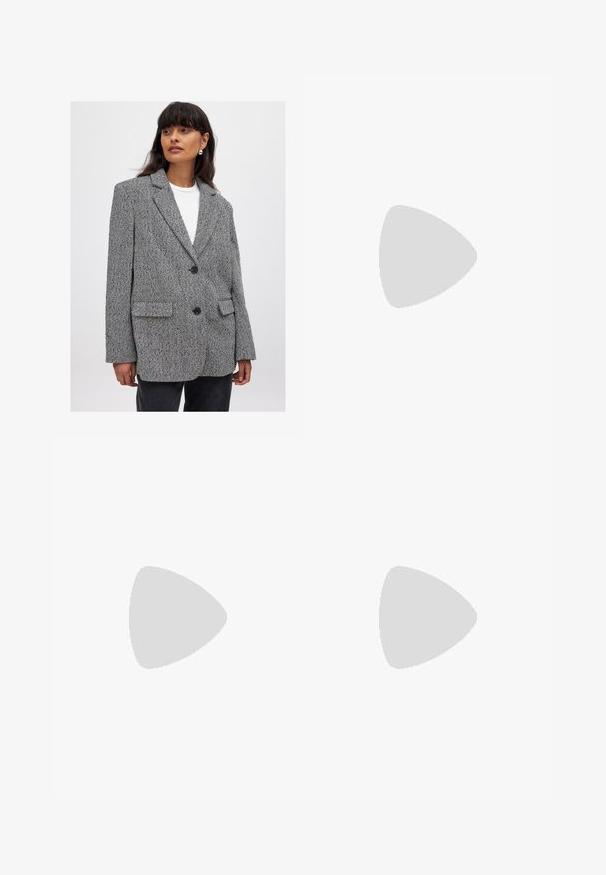 Blazer met houndstooth patroon in zwart en wit, met een geknipt kraag, twee voorzakken en zwarte knopen. Getextureerde stof, relaxte pasvorm.; Witte langemouwen shirt gemaakt van katoen, met een klassieke kraag en knoopsluiting, met lange mouwen en een rechte snit aan de onderkant.; Marineblauwe geruite broek met witte lijnen, met een genaaid label dat "SUPERDRY" leest. De stof heeft een gladde en stevige textuur.; Zwarte leren trenchcoat met knopen en riemdetails, gecombineerd met lichtbruine getailleerde broek en zwarte loafers, zittend op een houten kruk.; Zwarte rechthoekige bril met heldere glazen. Glanzende afwerking, smalle veren en paarse tint zichtbaar aan de randen van de glazen.; Tommy Hilfiger ETERNITY MICRO TOTE MONO - Handtas - universal grey