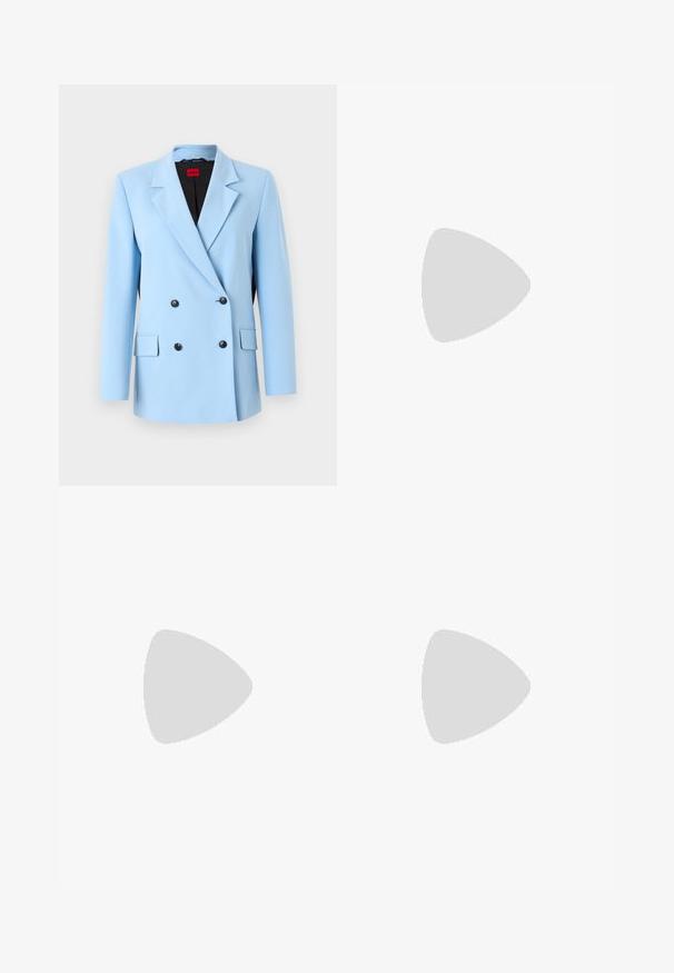 Light blue double-breasted blazer with notched lapels, two front pockets, and black buttons, featuring a black interior lining.; Black cotton t-shirt with short rolled sleeves, a round neckline, and a red label. Smooth texture, fitted shape with minimal detailing.; Light blue tailored pants with a straight cut, side pockets, and a subtle sheen, featuring a standard waistband and small side slits.; Black leather high-heeled shoe with pointed toe, ankle strap, and a thin heel. Smooth texture with a gold accent on the heel base.