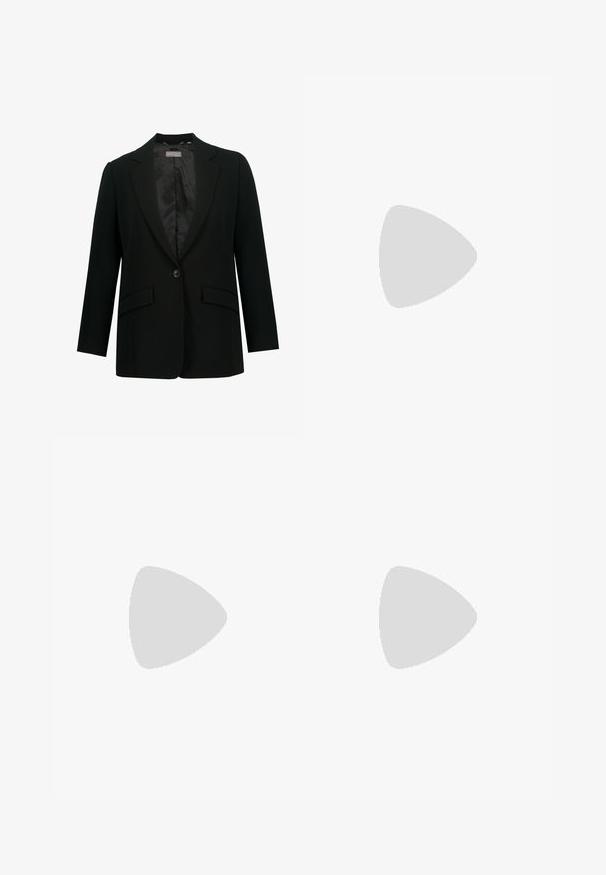 Blazer negro con solapa muestrada, cierre de un solo botón y dos bolsillos frontales. Forro interior de tela suave, ajuste entallado.; Vestido negro de corte en capas con escote en V, mangas abullonadas y puños elásticos. Confeccionado en una tela ligera, presenta una silueta fluida y una textura sutil.; Even&Odd Botas - dark red; Bolso de mano negro hecho de ante con un acabado texturizado, que presenta una cadena dorada y un diseño elegante y angular.