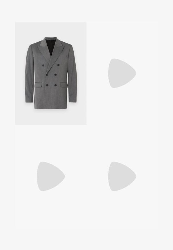 Jack & Jones PREMIUM JPRBUSHWICK ASHTON BLAZER - Kavaj - dark grey; Vit kortärmad t-shirt, lös passform, rund halsringning, mjukt bomullstyg, enkel baksida, rak nederkant, utan mönster eller detaljer.; Skräddarsydda blå byxor med ett strukturerat, rutigt mönster, som har rak passform, vecklinjer och sidfickor. Tillverkade av lättviktig tyg.; Svarta läder loafers med en slät ytfinish, rund tå och dekorativ sömnad på vampen. Låg staplad klack och lätt glans.