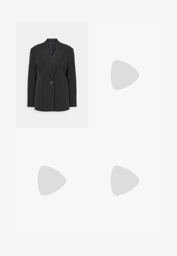 Black blazer with sharp lapels, single button closure, and lace-up detailing on the sides. Comes with a smooth interior lining.; Black sleeveless top featuring a large ruffled floral design on the front, made of smooth fabric, with thin spaghetti straps.; Black wide-leg pants with a shiny sequin texture and a wavy pattern. High waist design, flowing silhouette, and smooth finish.; Silver and tan suede sneaker with a textured rubber sole, beige laces, and a logo printed in yellow on the side.; Gold and silver drop earrings with a curved, elongated shape. Glossy finish with a smooth texture and minimalist design.
