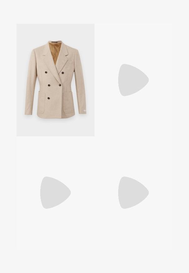 Beige double-breasted blazer made of textured fabric, featuring two front pockets and brown buttons, with a tan lining and notch lapels.; Knit sweater featuring multicolored vertical stripes in red, blue, gray, yellow, and black with textured ribbing and a round neckline.; Filippa K WIDE TROUSERS - Trousers - driftwood; Brown leather loafers with a rounded toe, minimal stitching, and a low block heel. Features a decorative strap across the vamp.
