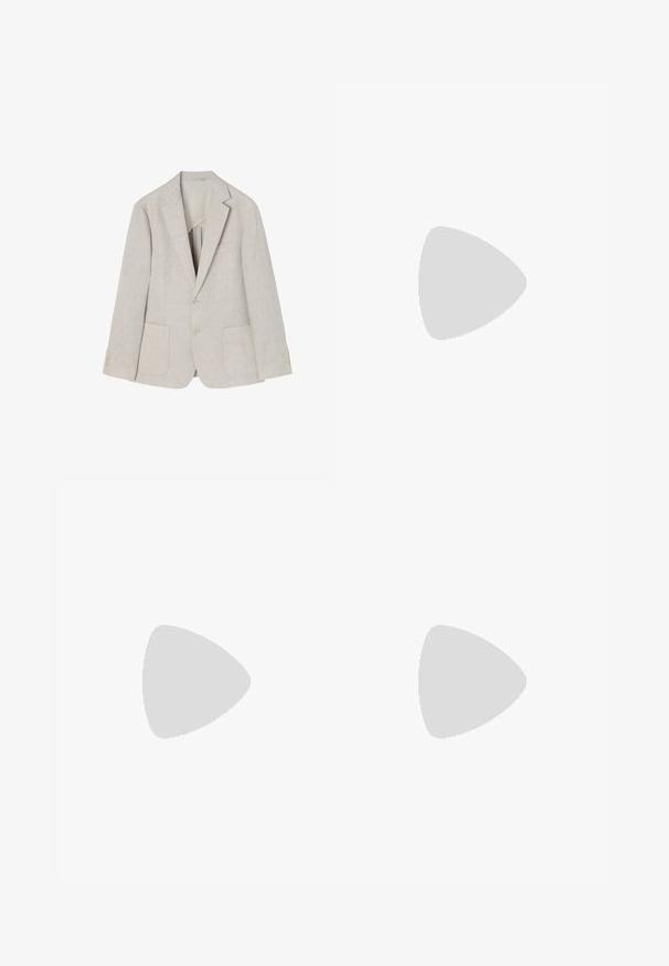Lichtbeige linnen blazer met een geknipt revers, twee voorzakken, dubbele knoopsluiting en vier knoopaccenten op de mouwen.; Witte lange mouw shirt gemaakt van een gladde stof, met een knoopsluiting aan de voorkant, klassieke kraag en rechte zoom met afgeronde zijkanten.; Navy broek met een slim fit, gemaakt van lichtgewicht katoen. Voorzien van riemlussen, zijzakken en een gladde afwerking.; Witte sneaker met suède accenten, ronde neus, platte veters en een crème rubberen zool. Bevat groene branding op de hiel.; Zwarte rechthoekige zonnebril met donkere lenzen, voorzien van een dik montuur, subtiele accenten aan de zijkanten en zonder zichtbare logo's behalve de merknaam.