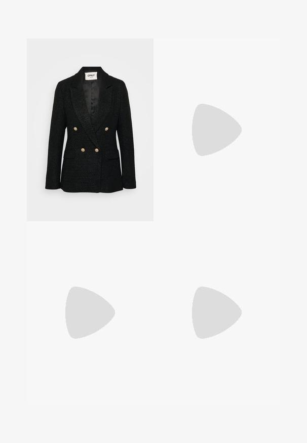 Blazer negro texturizado con un diseño de doble botonadura, botones dorados, solapas con muesca y dos bolsillos laterales. Interior forrado con acabado satinado.; Camiseta negra de algodón con un diseño de estampado de leopardo y texto dorado que dice "femmes FUTURE" dentro de un marco rectangular.; Pantalones negros de campana hechos de una tela elástica, con una cintura alta y una textura suave. Los pantalones se ensanchan desde la rodilla.; Zapatillas altas de lona negra con suelas y cordones de goma blanca. Presentan un logo circular en el lateral y costuras blancas en contraste.