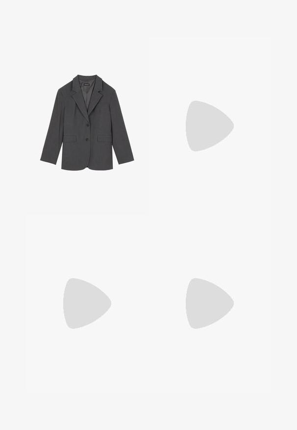 Blazer grigio con rever a punta, due tasche frontali e due bottoni. Tessuto liscio con un delicato motivo a trama, vestibilità strutturata e maniche lunghe.; Top bianco senza maniche con scollatura rotonda, realizzato in un tessuto liscio. Presenta una vestibilità comoda e un orlo dritto. Nessun motivo o accentuazione visibile.; Jeans in denim blu chiaro con taglio dritto, due tasche frontali e due tasche posteriori. Include una chiusura a due bottoni e cuciture sottili.; Sneaker bianca in suede con strisce blu navy, suola in gomma, parte superiore testurizzata, punta rotonda e lacci; presenta un marchio sul lato e sulla linguetta.; Occhiali da sole con montatura in metallo dorato e lenti verde scuro, stile aviator, con aste sottili e dettagli in tartaruga sulle punte.; Borsa a spalla in suede marrone con una forma curvata, cuciture a contrasto, dettagli in metallo dorato e una tasca frontale con zip.