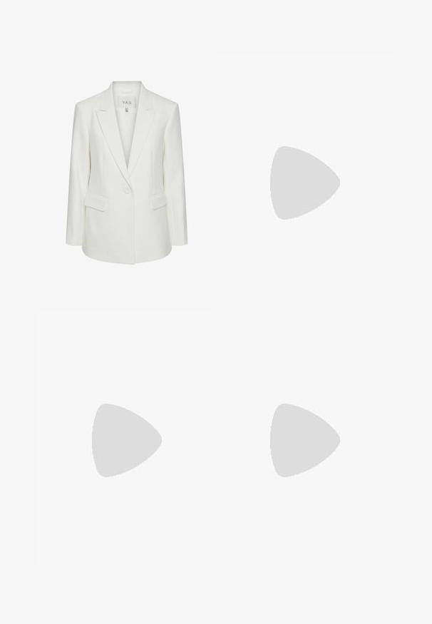 White tailored blazer with a notched collar, single button closure, and two front pockets. Made from a smooth, structured fabric.; White off-the-shoulder long-sleeve top made from ribbed material. Fitted design with a smooth texture and straight hemline.; Light blue wide-leg jeans with a high waist, featuring a faded finish, front pockets, and a subtle split at the bottom of the legs.; Suede ankle boots in tan with elastic side panels and a black block heel. Worn with a light blue denim skirt featuring a side slit.