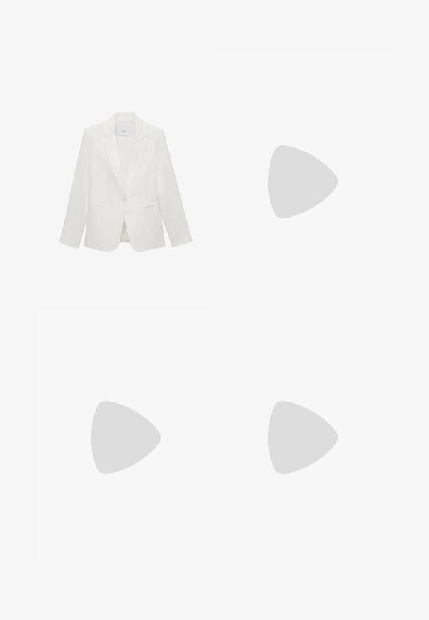 Blazer blanco a medida con solapa con muesca, cierre de un solo botón, dos bolsillos frontales y tejido de textura suave.; Vestido de verano de crema con cintura fruncida y tirantes, decorado con estampados coloridos de sol, concha, cangrejo, limón y temas de playa.; Sandalias de tacón bloque color crema con correas retorcidas y una base plana para los dedos. Material sintético suave con un acabado mate.; Bolso de mano de imitación cuero gris claro con cadena dorada, que presenta un cierre en forma de V y un detalle de borla. Textura suave, forma rectangular.; Collar de cadena en tono dorado con un colgante en forma de flor y un centro translúcido. Enlaces delicados y cierre de langosta.