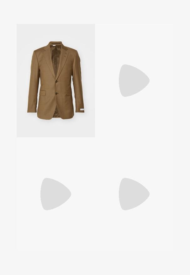 Brown textured blazer with notched lapels, two front pockets, two buttons, and a smooth inside lining. Tailored fit and modern design.; Dark brown button-down shirt made of a textured fabric. It features a collar, long sleeves, and six buttons down the front.; Dark grey tailored trousers with a flat front, pleated design, and a fitted belt featuring a silver buckle. Smooth texture and straight legs.; Black leather dress shoe with a rounded toe, smooth texture, lace-up design, and a subtle seam detail, featuring a low, flat heel.