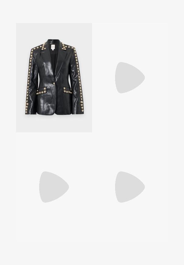 Black leather blazer with gold studs along the shoulders and pockets, featuring a pointed collar and a tailored fit. Smooth texture.; White long-sleeve blouse with ruffled tiered sleeves, gathered cuffs, and slight gathering at the round neckline.; Wide-leg denim pants in dark blue with white embroidered rose patterns. Features a button closure and traditional pocket design.; Knee-high black leather boots with a pointed toe and a slim stiletto heel. Smooth texture with a fitted design and stitching at the top edge.