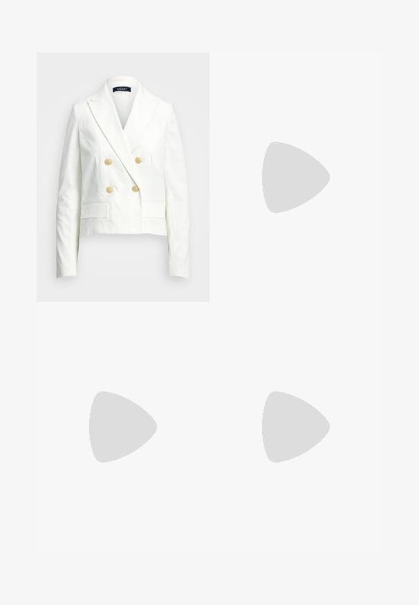 White cropped blazer featuring a double-breasted design, gold buttons, notch lapels, and two front pockets. Smooth texture and tailored fit.; White long-sleeve shirt made of cotton. Features a classic collar, front button closure, and a single chest pocket. Smooth texture.; White tailored pants featuring a high waist, double front pleats, and wide legs with folded cuffs. Made from a smooth, textured fabric.; Navy blue suede pump with a pointed toe and a mid-height block heel. Smooth texture with a subtle sheen and a small cutout at the front.