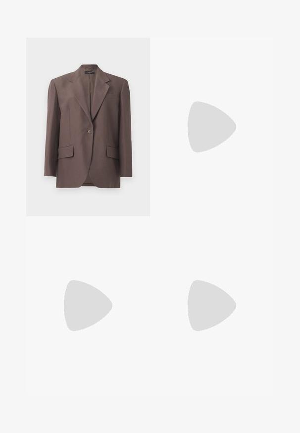 Brown tailored blazer with a notched lapel, single button, two front pockets, and a smooth fabric finish. Composed of structured material.; White long-sleeve collared shirt made of cotton. Features a button-down front and a single chest pocket. Smooth texture, relaxed fit.; Cream-colored knitted shorts with a textured, open weave. Features a drawstring waist and two front pockets. Casual design, mid-length fit.; Athletic shoe featuring a light gray mesh upper with suede accents, white laces, and a black rubber sole. Notable ABZORB cushioning detail.; Brown tortoiseshell sunglasses with oval lenses and dark grey tint. Features a gold-tone accent on the temples. Smooth plastic texture.