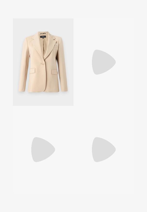 Beige blazer with a notched lapel, single button closure, and two front pockets. Made of smooth fabric, featuring a tailored fit.; Light cream blouse made of textured fabric, featuring a V-shaped ruffle detail at the front, short puffed sleeves, and a loose fit.; Beige wide-leg trousers made of smooth fabric, featuring a flat front with pleats, a zip fly, and belt loops. Tailored fit overall.; Strappy high-heeled sandal in metallic rose gold, featuring a textured upper, open toe, and ankle strap with a gold buckle detail.