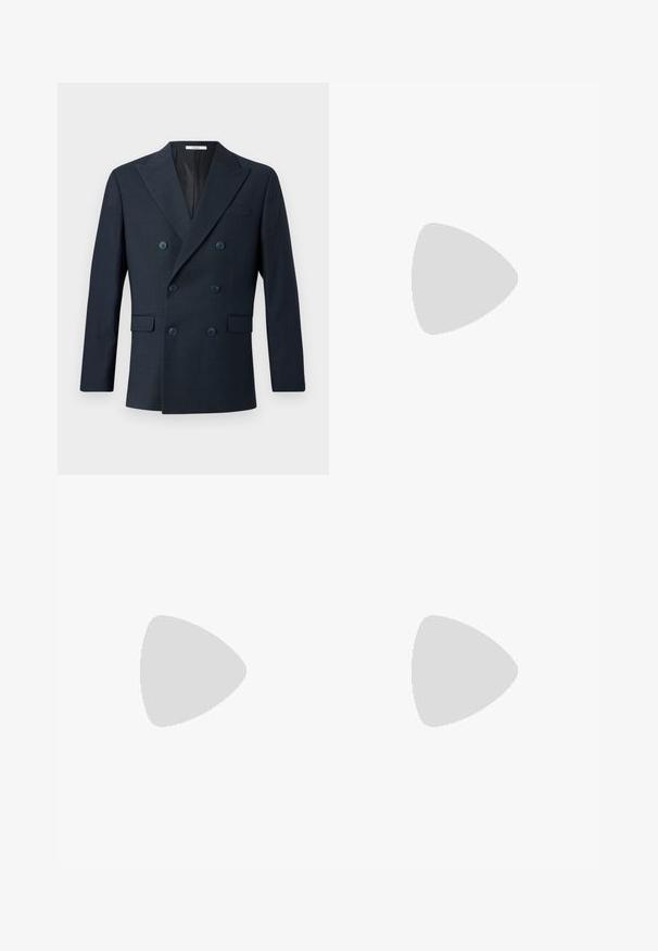 Navy double-breasted blazer in textured fabric, featuring wide lapels, four blue buttons, and two front pockets with a subtle check pattern.; White short-sleeve polo shirt with a textured knit design, featuring a V-neck collar and ribbed cuffs for a fitted finish.; Brown, textured trousers with a herringbone pattern, featuring a drawstring waist and two front pleats. Straight-leg design.; Black leather loafers featuring a smooth finish, a flat sole, and a rounded toe with a decorative strap across the upper.