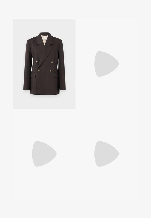 Dark brown double-breasted blazer with notched lapels, two front pockets, and light-colored lining. Made from a smooth, structured fabric.; Olive green ribbed tank top with a round neckline and sleeveless design. Smooth texture with a fitted silhouette, branded tag at the neckline.; Black wide-leg trousers with a smooth texture, featuring a front button closure and a clean, simple design. No patterns or accents visible.; Black leather heeled sandal with a square toe, ankle strap featuring a gold buckle, and a slender metallic heel. Smooth texture, minimalist design.