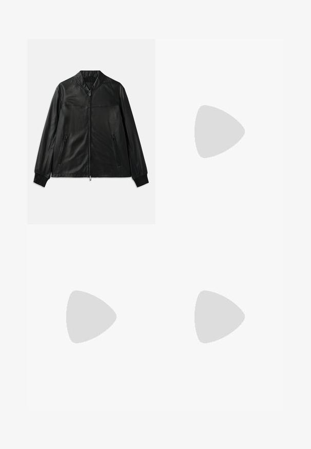 Black leather jacket with a stand collar, front zip closure, and two zippered side pockets. Features a smooth texture and tailored fit.; Black cotton t-shirt with short sleeves, featuring a red embroidered heart design on the left chest. Classic crew neckline, relaxed fit.; Dark blue denim jeans with a straight fit, five-pocket design, and noticeable stitching details. The fabric has a smooth texture.; Black leather sneaker with a low profile, rounded toe, and lace-up closure; features a textured rubber sole and logo detail on the heel.
