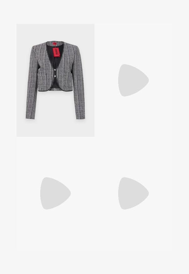 Cropped jacket in woven navy and white fabric. Features a rounded neckline, hook closure at the front, and long sleeves. Includes a tag.; Navy and white tweed cropped top with a square neckline, sleeveless design, and a front zipper featuring a branded pull tab.; Navy tweed skirt with a textured pattern, flared silhouette, and pleats. The waistband is black, emphasizing the skirt's design.; Black leather high-heeled shoe with pointed toe, ankle strap, and a thin heel. Smooth texture with a gold accent on the heel base.