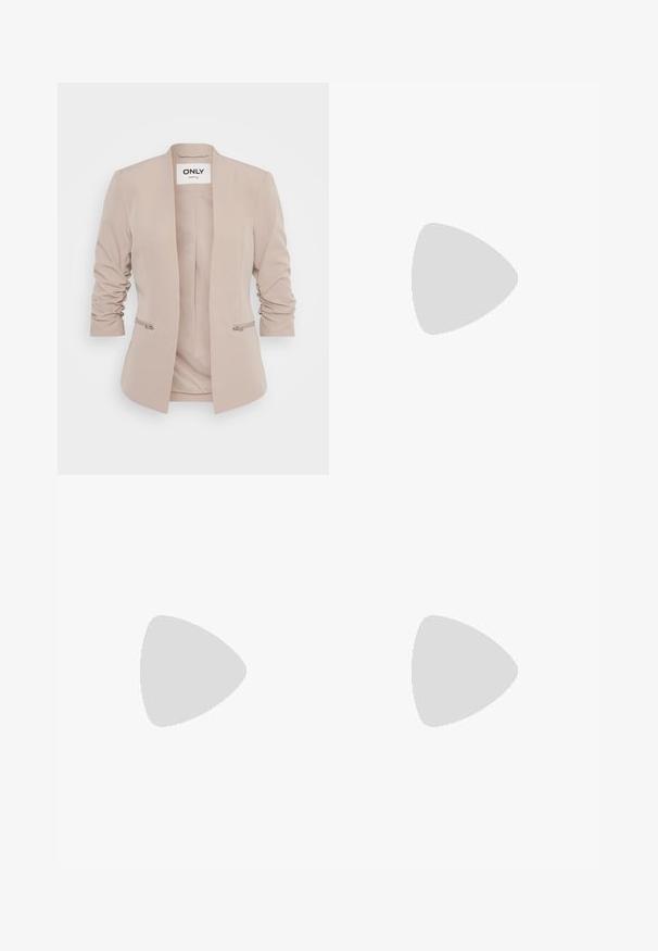 Bēša blazer ar taisnu piegriezumu, sagrieztām piedurknēm un divām sānu rāvējslēdzēja kabatām. Izgatavots no gludas auduma ar minimālistisku dizainu.; Divi bezplecu topi: viens ir ar brūnu un krēmbaltu abstraktu dzīvnieku rakstu, bet otrs ir pilnīgi melns. Abi ir izgatavoti no mīksta auduma.; Pelēka plisēta svārku izgatavota no teksturēta auduma, ar jostu un slēptu rāvējslēdzēju. Iekļauj vienmērīgi izkārtotas plisītes, kas piešķir strukturētu izskatu.; Melna plisēta kleita ar augstu priekšpusi un zemāku aizmuguri, saskaņota ar spīdīgām sarkānām dzīvokļa kurpēm ar siksnu dizainu. Audumam ir gluda tekstūra.