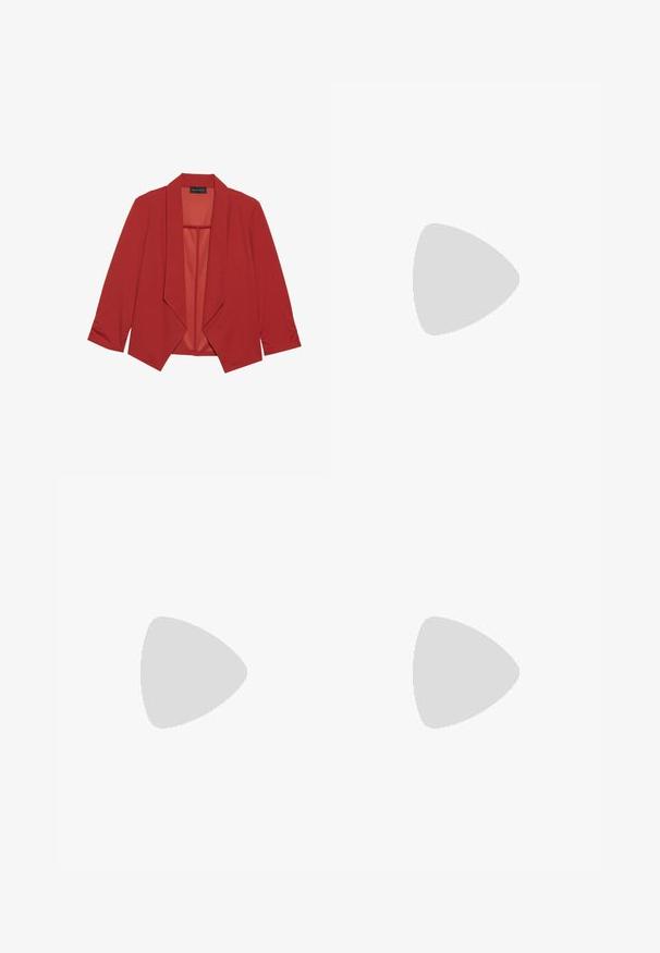 Red blazer in smooth fabric, featuring a shawl collar, three-quarter sleeves, and an open front design. No fastenings.; Black ribbed tank top with scalloped lace trim at the hem. Features thin straps and a fitted design. Made from stretchable fabric.; Black, ruched pencil skirt with tie detail and a side slit. Made from a stretchy fabric, featuring a smooth texture and form-fitting design.; Black high heel shoe with a pointed toe, textured surface, and a vibrant pink interior. Features a chunky heel with silver accent.