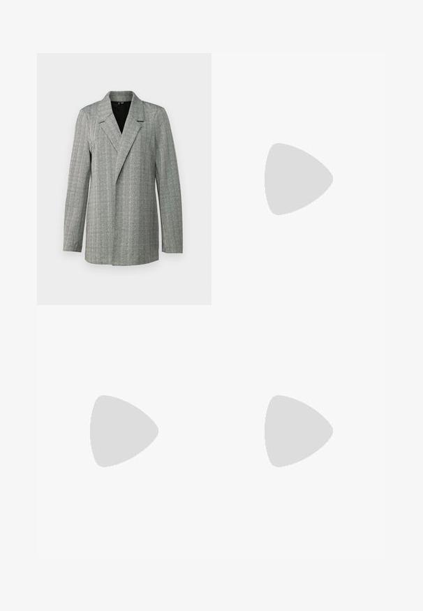 Šedý houndstooth blazer s vrcholem klopy, jednobotonovým zapínáním a dlouhými rukávy. Má texturovanou tkaninu s jemným leskem.; Tři přiléhavé trička v bílé, šedé a černé barvě. Každé má široký výstřih a krátké rukávy. Vyrobeno z hladké, pružné tkaniny.; Černé zvonové kalhoty vyrobené z elastického materiálu, s vysokým pasem a hladkou texturou. Kalhoty se rozšiřují od kolene.; Černé vysoké plátěné tenisky s bílými gumovými podrážkami a tkaničkami. Na boku mají kulaté logo a kontrastní bílé švy.