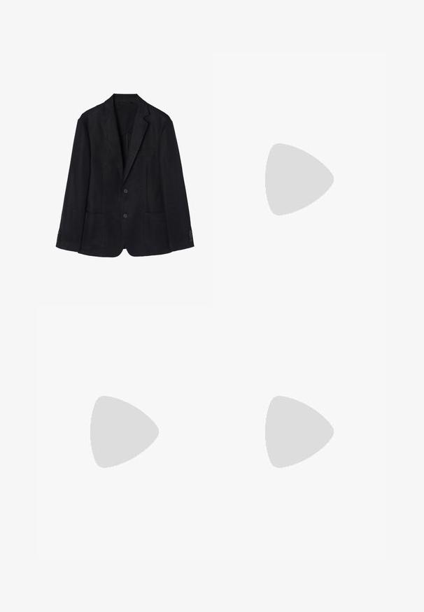 Mornarica lanena blazer ima spredaj dva gumba, zarezan ovratnik, dva sprednja žepa in gumbe na zapestjih za eleganten videz.; Bela bombažna majica s kratkimi rokavi. Na sprednji strani je črn napis: "NE JUTRI NE DANES" in "UMETNOST SVETOVANJA" v zeleni pisavi.; Črne denim hlače z ravnim krojem, petimi žepi in sprednjim gumbom. Gladka tekstura z minimalnimi šivi.; Črni usnjeni loafer z gladko površino, ki ima šivano zasnovo in dekorativni kovinski verižni naglas preko vampirja. Ravno peto.; Casio digitalna ura z modrim številčnikom, srebrnim ohišjem in večplastnim črnim gumijastim trakom. Prikazuje čas in nastavitve alarma. Vodoodporna.