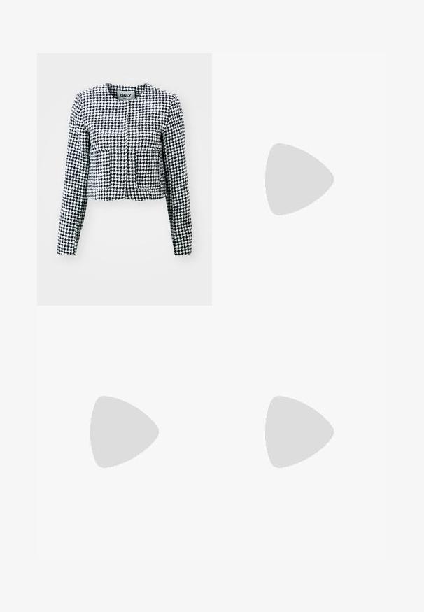 ONLY ONLTERRA JACKET - Blazer - night sky/white; White cotton t-shirt with short sleeves and a round neckline. Features a pink label on the inner neck. Smooth texture.; Navy blue polka dot skirt featuring a smooth, flowing fabric, mid-length design, and high waist with a side slit detail.; Slingback flats with a textured white upper and a black pointed toe. Features a flat sole and side cutouts for breathability.