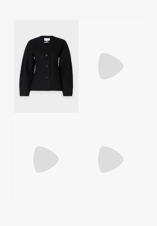 Čierna vlnová blendová bunda s hlbokým výstrihom do V, štyrmi gombíkmi, štruktúrovanými plecami a dlhými rukávmi; má čisté línie a minimálny dizajn.; Sada troch tričiek s krátkym rukávom v čiernej, šedej a bielej farbe. Vyrobené z bavlny, s okrúhlym výstrihom a jednoduchým, jednofarebným dizajnom.; Čierne riflové nohavice s vysokým pásom a rovnými nohavicami, s predným gombíkom, pútkami na opasok a vreckami, vystavené na bielom pozadí.; Čierne kožené loafery s okrúhlou špičkou, bez zapínania, a jemnými švovými detailmi pozdĺž hornej časti. Plátená gumená podrážka.